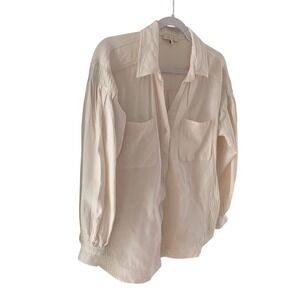 Skies Are Blue Womens Linen Blend Button-Up V-Neck LS Neutral Shirt Relax Fit LG